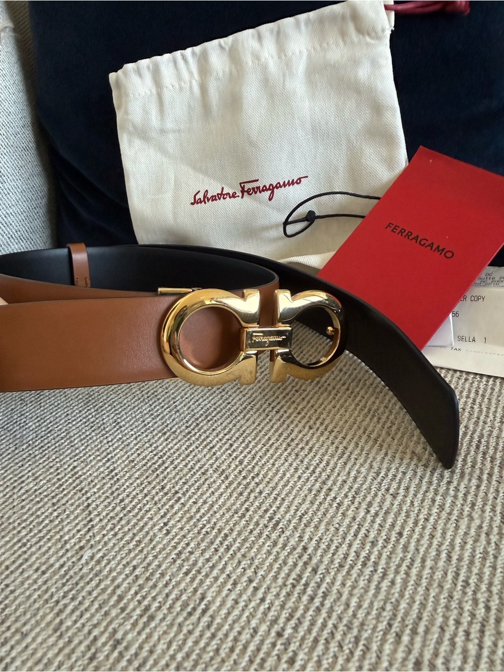 Salvatore Ferragamo Brown/Black Leather Reversible Belt with Gold Buckle Sz 100